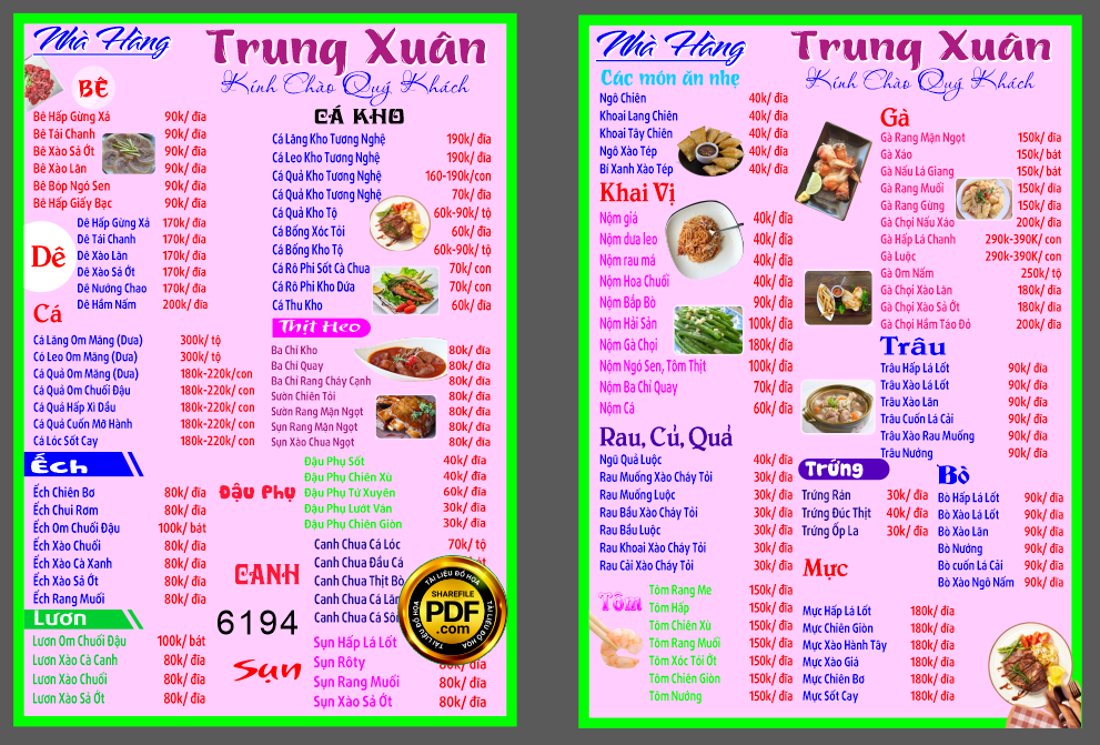 Mẫu thiết kế menu nhà hàng Trung Xuân file corel