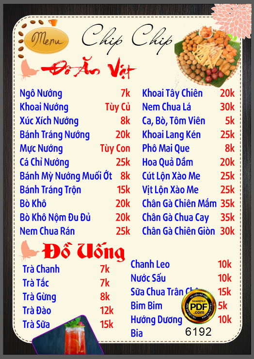Market thiết kế menu Chíp Chíp Đồ ăn vặt file corel